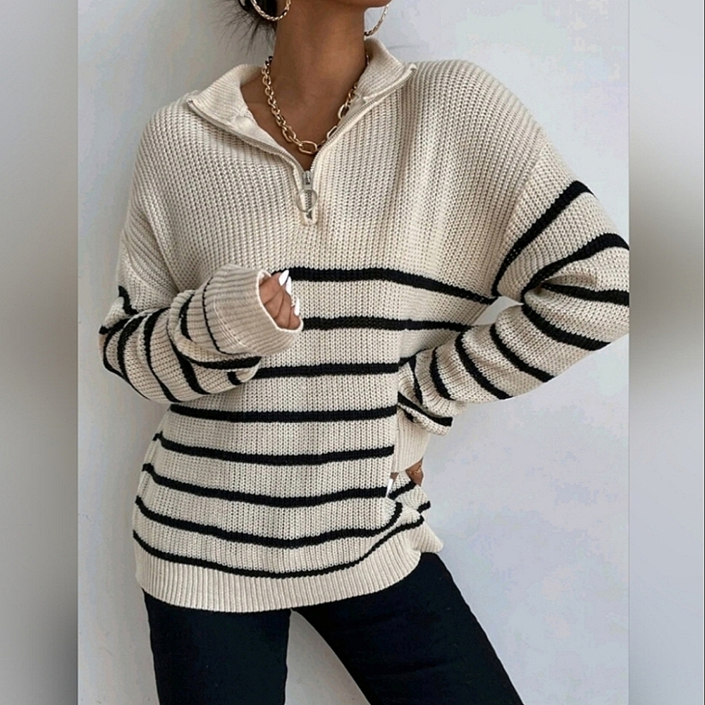 NEW Zip Striped Oversized Knit Pullover Sweater Top Tan Black - Picture 2 of 8